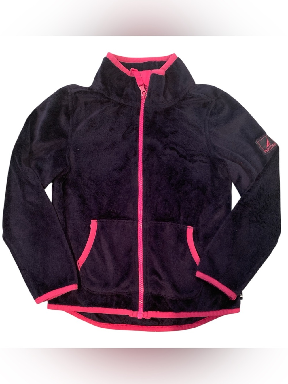 Girls' Navy Fleece Jacket with Pink Trim
